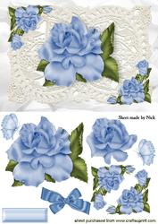 Blue Roses, Bow, & Butterflies on Vintage Lace