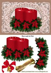 Red Christmas Candle with Holly on Vintage Lace