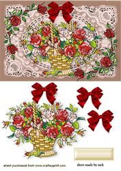 Basket of Roses on Ecru Lace with Red Bow