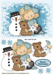 Little Girl with Her Teddy and Snowman