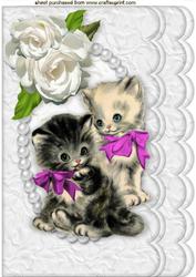 Cute Little Kitties with Pink Bows in Pearl Frame A4