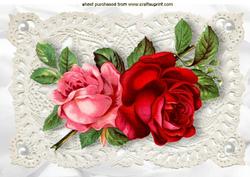 Red Roses on Ecru Lace with Pearls A4