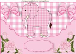 Little Pink Elephant in Gingham, Scalloped Envelope A4