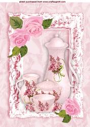Tea Time in Pretty Frame, with Pink Roses A4