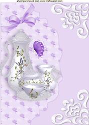 Lilac/white China Teaset on Scalloped Envelope A4