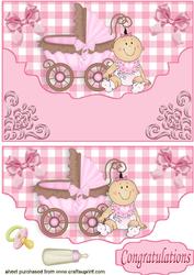 Baby Girl with Pram on Scalloped Envelope