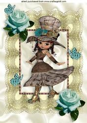 Little Vintage Girl with Turq Roses on Lace A4