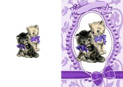 Cute Kitties in Bead Frame with Purple Bows A5 Card