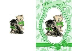 Cute Kitties in Bead Frame with Green Bows A5 Card
