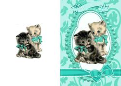 Cute Kitties in Bead Frame with Turq Bows A5 Card