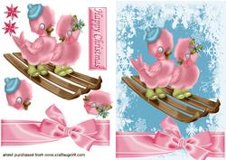 Pink Little Christmas Birds on a A Sledge