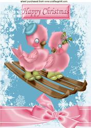 Pink Little Christmas Birds on a Sledge A4