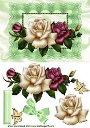 Roses on Green Vintage Lace with Butterflies