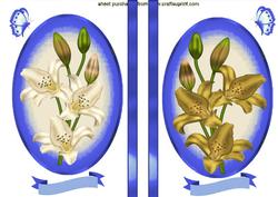 Lillies in Cream and Gold in Blue Oval Frame Toppers