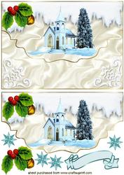 Pretty Christmas Church with Holly on Scalloped Envelope
