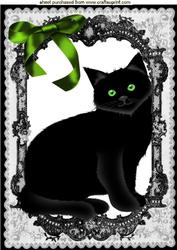 Black Cat with Green Eyes in Lace Frame A4