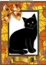 Black Cat in Autumn Leaf Frame with Bow A4