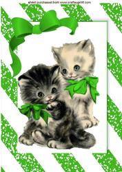 Cute Pair of Kitties in Green Bow A4