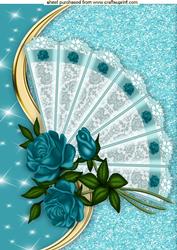 Pretty Turq Roses on Lace Fan, A4