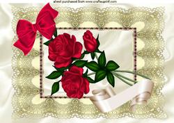 Beautiful Red Roses on Vintage Cream Lace with Bow A4