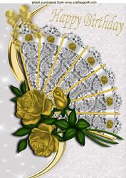 Gold Roses and Bow on a Lace Fan A4
