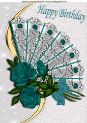 Lace Fan with Beautiful Turq Roses and Bow A4