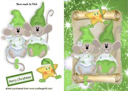 Cute Pair of Mice with Green Santa Hats On, on a Scroll