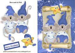 Cute Pair of Mice in Blue Santa Hats on a Scroll