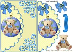 Cute Christmas Teddy in a Bauble with Blue Bow
