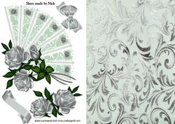 Pretty Silver Roses on Lace Fan with Bow