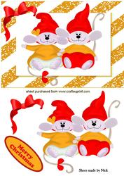 Cute Pair of Mice in Red Santa Hats in Striped Gold Frame