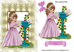 Sweet Little Girl with Bird Bath in Lace Frame