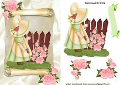 Little Bonnet Girl with Pink Roses on a Scroll