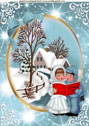 Beautiful Snow Scene with Carol Singers in Turq A4