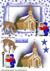 Church with Carol Singers, and Deer