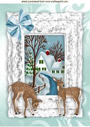 Deers with Snow Scene and Cottage in Silver Frame A4