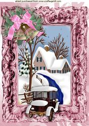 Vintage Car on the Driveway of a Snow Covered Cottage In