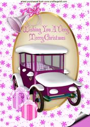 Pink Vintage Car with Snow and Horn in Oval Frame A4