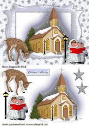 Pretty Church with Carol Singers in Silver Frame