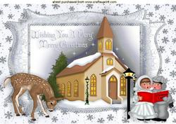 Pretty Church with Carol Singers in Silver Frame A4