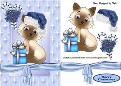 Cute Kitty with Candycane , and Blue Santa Hat On
