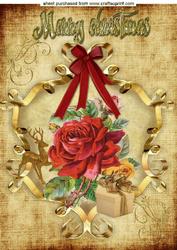 Vintage Red Rose with Deer, in Ornate Frame A4