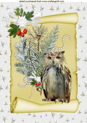 Snow Owl on a Scroll with Red Berries and White Bow A4