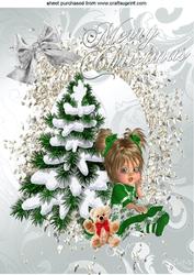 Sweet Little Girl with Her Teddy and Christmas Tree A4