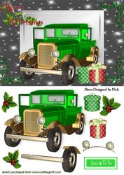Green Vintage Car in Black Star Frame with Holly
