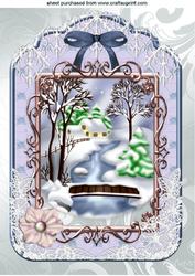 Snow Scene with Cottage and Bridge in Lace Frame A4