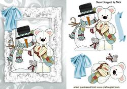 Snowman with White Teddy Bear in Silver Frame