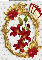 Red Lily with Berries, Holly Butterfly in a Gold Frame A4