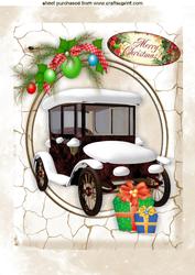 Snow Covered Vintage Car with Presents in Marble Frame A4