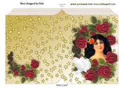 Vintage Lady in Frame of Roses with Dove, Folded Book